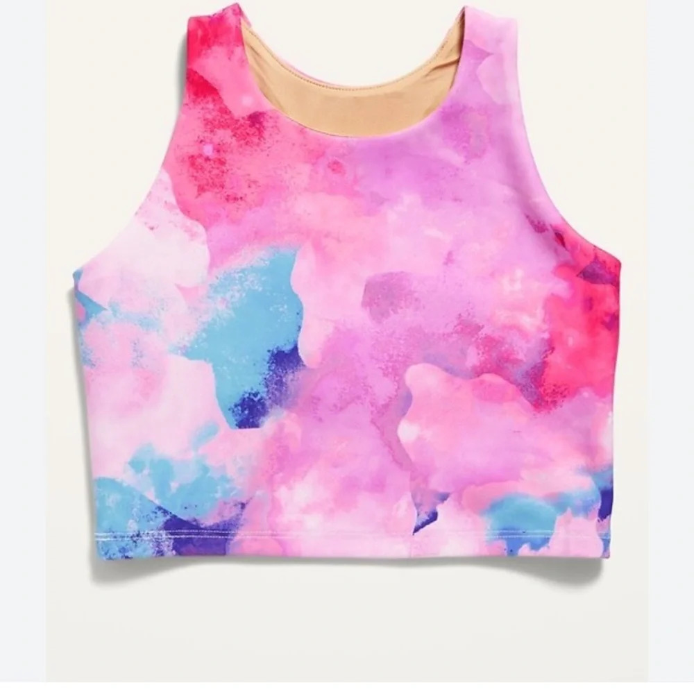 Old Navy Active PowerSoft Pink Tie Dye Long Line Sports Bra Crop Top Cropped Top